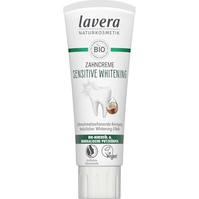 lavera Gevoelige whitening-tandpasta, 5-voudige bescherming, natuurlijk bleken, zacht voor glazuur, reinigingslichaam van bamboecellulose en natriumfluoride, veganistisch, 75 ml lavera Gevoelige whitening-tandpasta, 5-voudige bescherming, natuurlijk bleken, zacht voor glazuur, reinigingslichaam van bamboecellulose en natriumfluoride, veganistisch, 75 ml