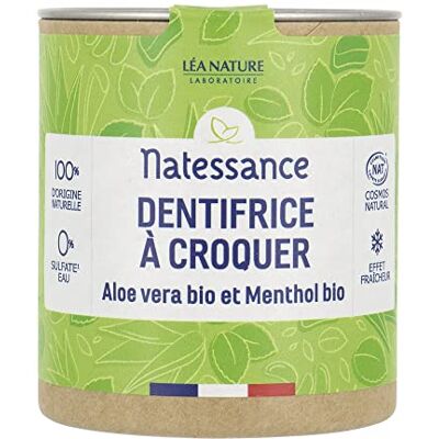 Natessance Kauwtandpasta – vaste stoffen – biologische aloë vera en menthol – biologisch Cosmos Organic gecertificeerd – pot van 100% recyclebaar karton 80 tabletten Natessance Kauwtandpasta – vaste stoffen – biologische aloë vera en menthol – biologisch Cosmos Organic gecertificeerd – pot van 100% recyclebaar karton 80 tabletten