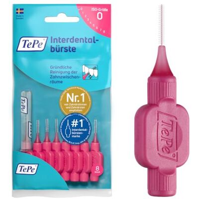 TePe Interdentale borstel roze ISO maat 0 (0,4 mm) / voor een eenvoudige en grondige reiniging van interdentale ruimtes / 1 x 8 interdentale borstels Élimination de la plaque dentaire, nettoyage efficace des espaces interdentaires, pour les petits espac TePe Interdentale borstel roze ISO maat 0 (0,4 mm) / voor een eenvoudige en grondige reiniging van interdentale ruimtes / 1 x 8 interdentale borstels Élimination de la plaque dentaire, nettoyage efficace des espaces interdentaires, pour les petits espac