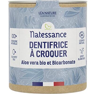 Natessance Kauwtandpasta vaste stoffen biologische aloë vera en bicarbonaat Biologisch Cosmos Organic gecertificeerd 100% recyclebare kartonnen pot 80 tabletten Natessance Kauwtandpasta vaste stoffen biologische aloë vera en bicarbonaat Biologisch Cosmos Organic gecertificeerd 100% recyclebare kartonnen pot 80 tabletten