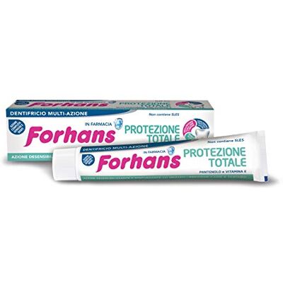 Forhans , Volledige bescherming, tandpasta Multi Action met rentieve eigenschappen, regenererend, antibacterieel, voorkomt Cattivo Alito, plaque en lading, bevat geen SLES – 75 ml Forhans , Volledige bescherming, tandpasta Multi Action met rentieve eigenschappen, regenererend, antibacterieel, voorkomt Cattivo Alito, plaque en lading, bevat geen SLES – 75 ml