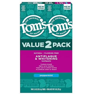 Tom's of Maine Antiplaque and Whitening Tandpasta, Fluoridevrij, Pepermunt, 155,9 g, 2 stuks Tom's of Maine Antiplaque and Whitening Tandpasta, Fluoridevrij, Pepermunt, 155,9 g, 2 stuks