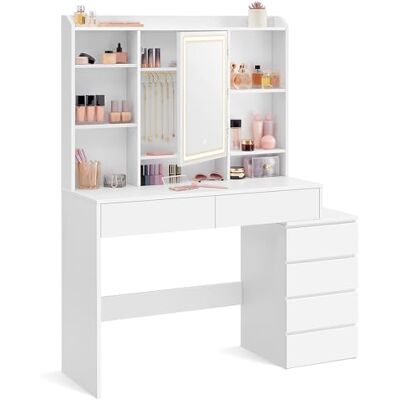 VASAGLE RDT624W01 Make-uptafel met ledverlichting, instelbare helderheid, met spiegel, laden, open vakken, verstelbare planken, modern, wolkenwit VASAGLE RDT624W01 Make-uptafel met ledverlichting, instelbare helderheid, met spiegel, laden, open vakken, verstelbare planken, modern, wolkenwit