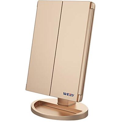 WEILY Make-upspiegel met verlichting, make-upspiegel met 1X/2X/3X vergroting, opvouwbaar met LED-verlichting en touchscreen, tafelspiegel ondersteunt USB en batterij (goud) WEILY Make-upspiegel met verlichting, make-upspiegel met 1X/2X/3X vergroting, opvouwbaar met LED-verlichting en touchscreen, tafelspiegel ondersteunt USB en batterij (goud)