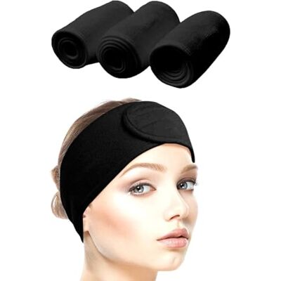 Queta haarband voor make-up, cosmetische hoofdband badstof, verstelbare haarbeschermingsband met klittenband 3 pack (zwart) Queta haarband voor make-up, cosmetische hoofdband badstof, verstelbare haarbeschermingsband met klittenband 3 pack (zwart)
