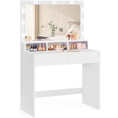VASAGLE kaptafel, toilettafel, cosmeticatafel met 9 led-lampjes en spiegel, instelbare helderheid, 2 laden en 3 open vakken, laden, modern, wit RDT120T10 VASAGLE kaptafel, toilettafel, cosmeticatafel met 9 led-lampjes en spiegel, instelbare helderheid, 2 laden en 3 open vakken, laden, modern, wit RDT120T10