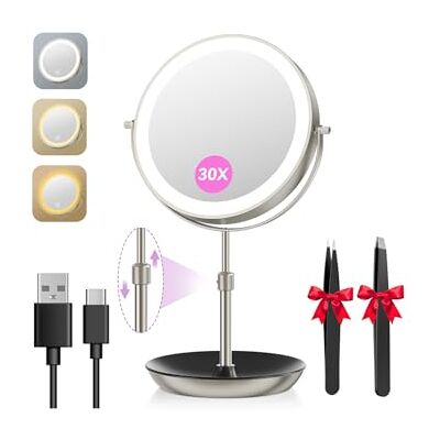 Auxmir Verlichte vergrotingsspiegel, 1 x 30 x, dubbelzijdig, in hoogte verstelbaar 38-47 cm, 3000 mAh, USB-opladen, tafelspiegel, 3 kleuren, licht verstelbaar, 360 graden rotatie, nikkel Auxmir Verlichte vergrotingsspiegel, 1 x 30 x, dubbelzijdig, in hoogte verstelbaar 38-47 cm, 3000 mAh, USB-opladen, tafelspiegel, 3 kleuren, licht verstelbaar, 360 graden rotatie, nikkel