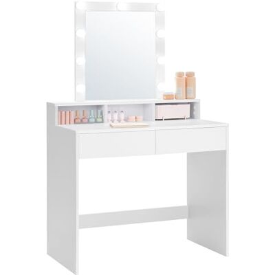 VASAGLE Make-up tafel met spiegel en lampen, make-up tafel, met 2 laden en 3 vakken, moderne stijl, wit RDT114W01 VASAGLE Make-up tafel met spiegel en lampen, make-up tafel, met 2 laden en 3 vakken, moderne stijl, wit RDT114W01