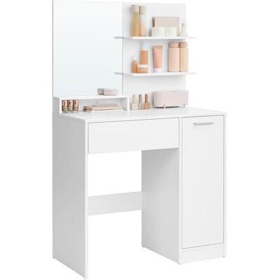 VASAGLE Kaptafel, kaptafel, met spiegel, 1 lade, 2 planken, opbergkast, make-up-organizer, wit RDT119W01 VASAGLE Kaptafel, kaptafel, met spiegel, 1 lade, 2 planken, opbergkast, make-up-organizer, wit RDT119W01