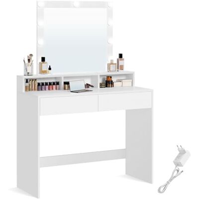 VASAGLE Kaptafel, led-spiegel met instelbare helderheid, make-up tafel met spiegel, 2 laden en 3 vakken, schoonheidshoek, moderne stijl, wit RDT164W01 VASAGLE Kaptafel, led-spiegel met instelbare helderheid, make-up tafel met spiegel, 2 laden en 3 vakken, schoonheidshoek, moderne stijl, wit RDT164W01