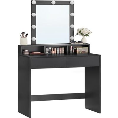 VASAGLE Make-up tafel met spiegel en lampen, make-up tafel, met 2 laden en 3 vakken, moderne stijl, zwart RDT114T16 VASAGLE Make-up tafel met spiegel en lampen, make-up tafel, met 2 laden en 3 vakken, moderne stijl, zwart RDT114T16