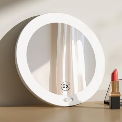 EMKE Cosmetische spiegel met verlichting, 5x vergrotende spiegel, led, wit, met zuignap, diameter 165 mm, draagbare wandspiegel, werkt op batterijen EMKE Cosmetische spiegel met verlichting, 5x vergrotende spiegel, led, wit, met zuignap, diameter 165 mm, draagbare wandspiegel, werkt op batterijen