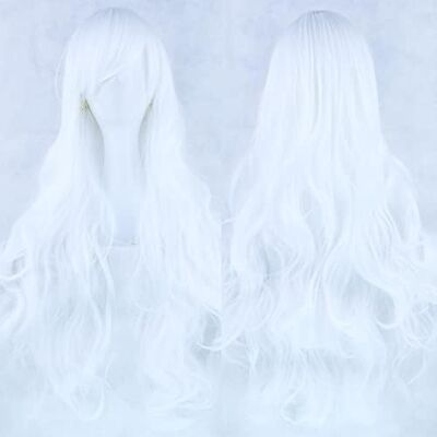 IMISSU 80 cm lange cosplay pruik, natuurlijk haar, krullend, met kleurrijke pony, Halloween, kostuum, party, pruiken voor vrouwen (zuiver wit) IMISSU 80 cm lange cosplay pruik, natuurlijk haar, krullend, met kleurrijke pony, Halloween, kostuum, party, pruiken voor vrouwen (zuiver wit)