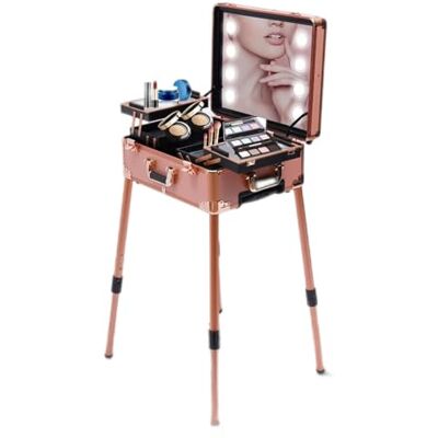SOPERIT Rolling Make-upkoffer met led-verlichte spiegel, professioneel, in hoogte verstelbaar, aluminium, make-upkoffer en bluetooth, make-upkoffer, trolley voor make-upartiest, schoonheidsspecialisten, goud, SOPERIT Rolling Make-upkoffer met led-verlichte spiegel, professioneel, in hoogte verstelbaar, aluminium, make-upkoffer en bluetooth, make-upkoffer, trolley voor make-upartiest, schoonheidsspecialisten, goud,