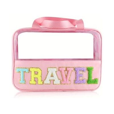 AMEEDA Doorschijnende toilettas voor dames, make-uptas voor op reis, met letterpatches, grote transparante make-uptas, vak met ritssluiting met handvat, organizer, Roze AMEEDA Doorschijnende toilettas voor dames, make-uptas voor op reis, met letterpatches, grote transparante make-uptas, vak met ritssluiting met handvat, organizer, Roze