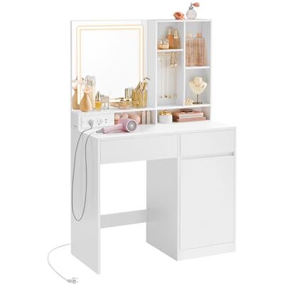VASAGLE Make-uptafel met spiegel en licht, make-uptafel, breedte 90 cm, lade, verstelbare planken, stopcontact, opslag voor sieraden, voor slaapkamer, wolkenwit RDT134W01 VASAGLE Make-uptafel met spiegel en licht, make-uptafel, breedte 90 cm, lade, verstelbare planken, stopcontact, opslag voor sieraden, voor slaapkamer, wolkenwit RDT134W01
