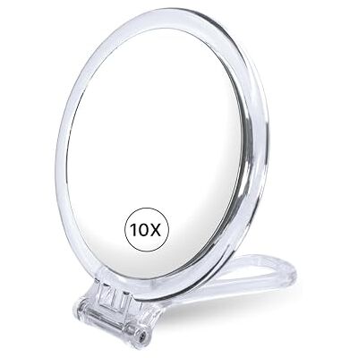Fantasia Dubbelzijdige opvouwbare acryl reisspiegel met 10x vergroting met handvat, make-upspiegel met transparant fluwelen geschenketui, 16 cm Fantasia Dubbelzijdige opvouwbare acryl reisspiegel met 10x vergroting met handvat, make-upspiegel met transparant fluwelen geschenketui, 16 cm