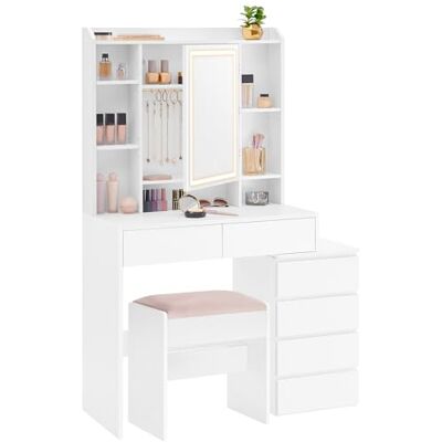 VASAGLE Make-uptafel met led, 3 instelbare helderheidsniveaus, make-uptafel met spiegel, laden, open vakken, kruk, verstelbare planken, modern, wolkenwit RDT125W01 VASAGLE Make-uptafel met led, 3 instelbare helderheidsniveaus, make-uptafel met spiegel, laden, open vakken, kruk, verstelbare planken, modern, wolkenwit RDT125W01