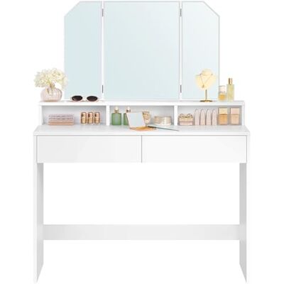 VASAGLE RDT115W01 Make-up tafel met opvouwbare spiegel en 2 laden, 3 open vakken, voor make-up, modern, wolkenwit VASAGLE RDT115W01 Make-up tafel met opvouwbare spiegel en 2 laden, 3 open vakken, voor make-up, modern, wolkenwit