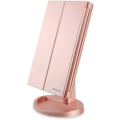 WEILY Make-upspiegel, 1 x /2 x / 3 x make-upspiegel met drie luiken met 21 led-lampen en verstelbare spiegel met aanraakscherm, make-upspiegel (rosé goud)) WEILY Make-upspiegel, 1 x /2 x / 3 x make-upspiegel met drie luiken met 21 led-lampen en verstelbare spiegel met aanraakscherm, make-upspiegel (rosé goud))