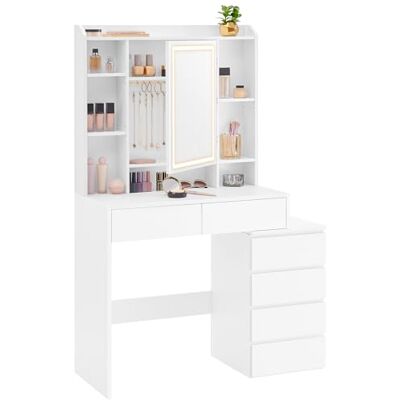 VASAGLE RDT124W01 Make-uptafel met ledverlichting, instelbare helderheid, met spiegel, laden, open vakken, verstelbare planken, modern, wolkenwit VASAGLE RDT124W01 Make-uptafel met ledverlichting, instelbare helderheid, met spiegel, laden, open vakken, verstelbare planken, modern, wolkenwit