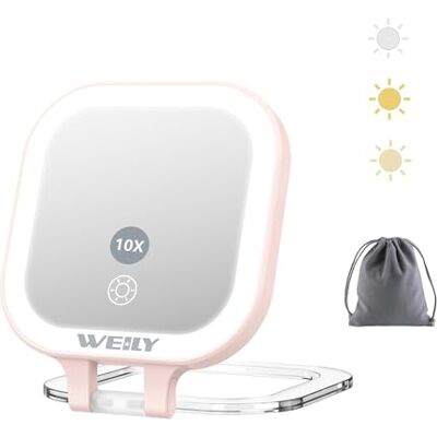 WEILY Zakspiegel met verlichting, 1X/10X vergroting, dubbelzijdige reisspiegel, make-upspiegel met 3 kleurlichten, draagbare USB-oplaadbare handspiegel voor make-up WEILY Zakspiegel met verlichting, 1X/10X vergroting, dubbelzijdige reisspiegel, make-upspiegel met 3 kleurlichten, draagbare USB-oplaadbare handspiegel voor make-up