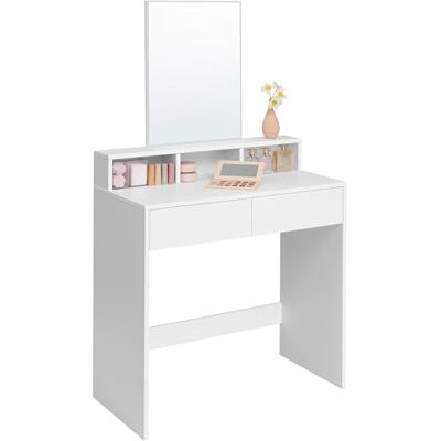 VASAGLE RDT113W01 Make-uptafel met rechthoekige spiegel en 2 laden, 3 open vakken, moderne kaptafel, wit VASAGLE RDT113W01 Make-uptafel met rechthoekige spiegel en 2 laden, 3 open vakken, moderne kaptafel, wit