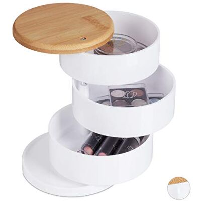 Relaxdays Make-up organizer, rond, cosmetica en sieraden, 3 roterende niveaus, bamboe, kunststof, doos, wit Relaxdays Make-up organizer, rond, cosmetica en sieraden, 3 roterende niveaus, bamboe, kunststof, doos, wit