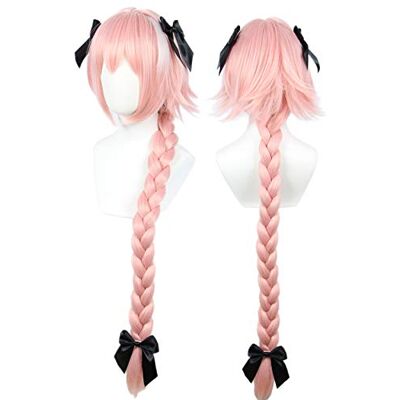 Linfairy Lange roze cosplay pruik met 3 strikken, Halloween, kostuum, pruik voor vrouwen, vlechthaar, 95 cm Linfairy Lange roze cosplay pruik met 3 strikken, Halloween, kostuum, pruik voor vrouwen, vlechthaar, 95 cm