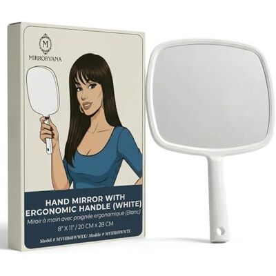 Mirrorvana Handspiegel met ergonomische handgreep, voor make-up, thuiskapsels, tandheelkundige en kappers, 20,3 cm x 28 cm (wit) Mirrorvana Handspiegel met ergonomische handgreep, voor make-up, thuiskapsels, tandheelkundige en kappers, 20,3 cm x 28 cm (wit)