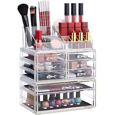 Relaxdays Make-up organizer met laden, stapelbare sieradendoos, acryl make-up opslag, transparant goud Relaxdays Make-up organizer met laden, stapelbare sieradendoos, acryl make-up opslag, transparant goud
