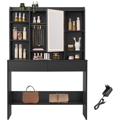VASAGLE Kailyn Collection Make-uptafel met grote led-spiegel, make-uptafel, 2 laden, moderne stijl, zwart RDT123B01 VASAGLE Kailyn Collection Make-uptafel met grote led-spiegel, make-uptafel, 2 laden, moderne stijl, zwart RDT123B01