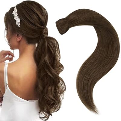Easyouth Paardenstaart, extensions, echt haar, donkerbruin, extensions, paardenstaart, echt haar, bruin, wrap around echt haar, 50 cm, 80 g Easyouth Paardenstaart, extensions, echt haar, donkerbruin, extensions, paardenstaart, echt haar, bruin, wrap around echt haar, 50 cm, 80 g