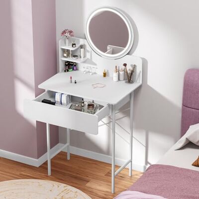 OSKOPWRC Klein make-upbureau, witte make-uptafel met led-verlichte spiegel, kaptafel, lade, open planken, instelbare helderheid, elegant voor vrouwen, klein, wit OSKOPWRC Klein make-upbureau, witte make-uptafel met led-verlichte spiegel, kaptafel, lade, open planken, instelbare helderheid, elegant voor vrouwen, klein, wit