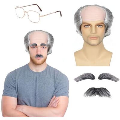 QSZHSL Oude herenpruik, kostuum, pruik voor grote vader, grijs, krullend, pruik, vleermuis, oud, bril, kunstbaard, wenkbrauwen, voor carnaval, Halloween, cosplay, kostuum, party (grijs) QSZHSL Oude herenpruik, kostuum, pruik voor grote vader, grijs, krullend, pruik, vleermuis, oud, bril, kunstbaard, wenkbrauwen, voor carnaval, Halloween, cosplay, kostuum, party (grijs)