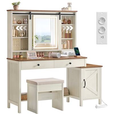 VASAGLE LIRY Collection Make-uptafel met spiegel en verlichting, boerderijstijl, met kruk, stekkerdoos, 2 laden, opslag voor sieraden, rustiek wit en honingbruin RDT136W01 VASAGLE LIRY Collection Make-uptafel met spiegel en verlichting, boerderijstijl, met kruk, stekkerdoos, 2 laden, opslag voor sieraden, rustiek wit en honingbruin RDT136W01