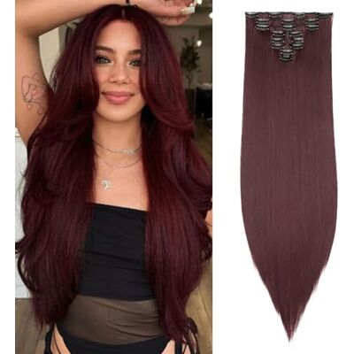 TESS Clip-in haarextensies van echt haar, 66 cm, echt haar, glad, wijnrood, 18 clips, 8 stuks, 140 g TESS Clip-in haarextensies van echt haar, 66 cm, echt haar, glad, wijnrood, 18 clips, 8 stuks, 140 g
