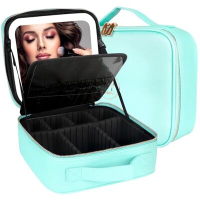 MOMIRA Reis make-up tasje cosmetische tas make-up organisator tas met verlichte spiegel, instelbare helderheid in 3 kleurenscenario's, waterdichte make-up trein Geval AquaBlauw MOMIRA Reis make-up tasje cosmetische tas make-up organisator tas met verlichte spiegel, instelbare helderheid in 3 kleurenscenario's, waterdichte make-up trein Geval AquaBlauw