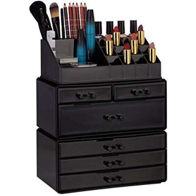 Relaxdays Make-up organizer met 6 laden, 22 vakken, grote make-up organizer van acryl, zwart, 29 x 23,5 x 14 cm Relaxdays Make-up organizer met 6 laden, 22 vakken, grote make-up organizer van acryl, zwart, 29 x 23,5 x 14 cm