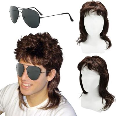 XNIVUIS Vokuhila Set van 2 pruiken voor heren, bruin krullend Vokuhila blonde pruik uit de jaren 80 Voor cosplay jaren 70 en 80 Halloween kostuum Disco Punk Rocker XNIVUIS Vokuhila Set van 2 pruiken voor heren, bruin krullend Vokuhila blonde pruik uit de jaren 80 Voor cosplay jaren 70 en 80 Halloween kostuum Disco Punk Rocker