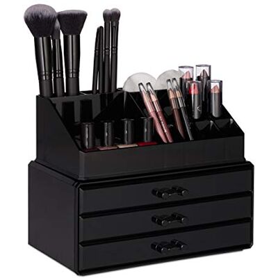 Relaxdays , Kleine 2-delige zwarte make-up organizer met laden, stapelbaar cosmetica-rek van kunststof, ca. 19 x 23,5 x 14 cm (h x b x d) Relaxdays , Kleine 2-delige zwarte make-up organizer met laden, stapelbaar cosmetica-rek van kunststof, ca. 19 x 23,5 x 14 cm (h x b x d)