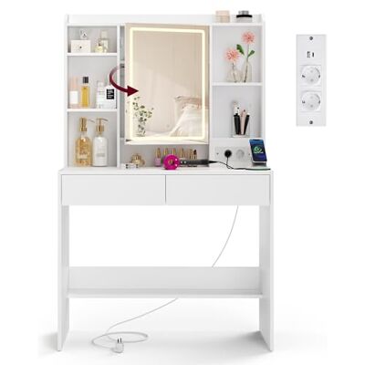 VASAGLE Kailyn Collection Make-uptafel met led-spiegel, 3 kleuren, instelbare helderheid, stekkerdoos, make-uptafel, groot, verstelbaar opbergrek, 2 laden, modern, wit RDT143WB01 VASAGLE Kailyn Collection Make-uptafel met led-spiegel, 3 kleuren, instelbare helderheid, stekkerdoos, make-uptafel, groot, verstelbaar opbergrek, 2 laden, modern, wit RDT143WB01