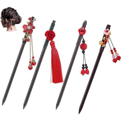 Srcasy Set van 4 handgemaakte houten haarspelden, vintage haarspelden voor haar, Chinese haarspelden versierd met bloemen en kwasten, geschikt voor vrouwen en meisjes Srcasy Set van 4 handgemaakte houten haarspelden, vintage haarspelden voor haar, Chinese haarspelden versierd met bloemen en kwasten, geschikt voor vrouwen en meisjes