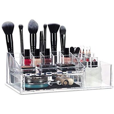 Relaxdays , Transparante make-up organizer met lade, opslag voor make-up en sieraden, lippenstifthouder, kunststof, 15 vakken Relaxdays , Transparante make-up organizer met lade, opslag voor make-up en sieraden, lippenstifthouder, kunststof, 15 vakken