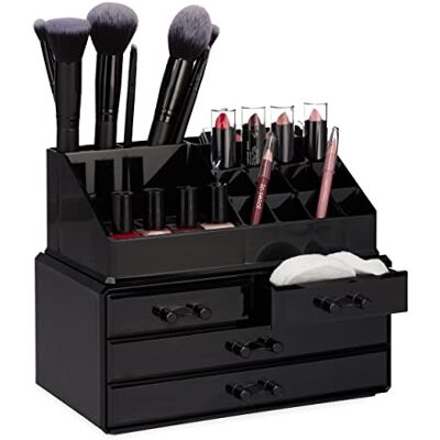 Relaxdays Make-up organizer klein, 2-delige make-up opberger acryl, met lippenstifthouder en 4 laden, zwart Relaxdays Make-up organizer klein, 2-delige make-up opberger acryl, met lippenstifthouder en 4 laden, zwart