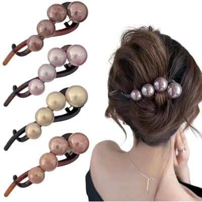 QINGZY Set van 4 bananenhaarklemmen met parels voor dames, 4 elegante haarspelden met Franse kralen, vintage, antislip, twist faux parel, Franse haarspeld, vintage Franse haarspeld QINGZY Set van 4 bananenhaarklemmen met parels voor dames, 4 elegante haarspelden met Franse kralen, vintage, antislip, twist faux parel, Franse haarspeld, vintage Franse haarspeld