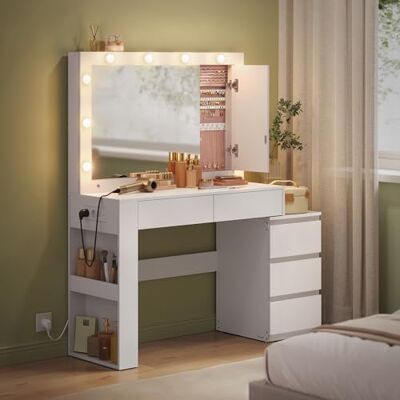 VASAGLE Kailyn Collection RDT127W01 Make-uptafel met ledverlichting, make-uptafel met spiegel en laden, stekkerdoos, 40 x 125 x 140 cm, modern, wolkenwit VASAGLE Kailyn Collection RDT127W01 Make-uptafel met ledverlichting, make-uptafel met spiegel en laden, stekkerdoos, 40 x 125 x 140 cm, modern, wolkenwit