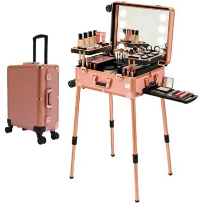 SOPERIT Rolling Make-upkoffer met led-verlichte spiegel, professioneel, in hoogte verstelbaar, aluminium, make-upkoffer en bluetooth, make-upkoffer, trolley voor make-upartiest, schoonheidsspecialisten, goud, SOPERIT Rolling Make-upkoffer met led-verlichte spiegel, professioneel, in hoogte verstelbaar, aluminium, make-upkoffer en bluetooth, make-upkoffer, trolley voor make-upartiest, schoonheidsspecialisten, goud,