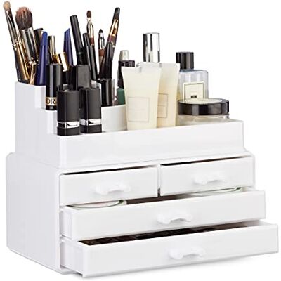 Relaxdays Make-up organizer met 4 laden, cosmetische houder voor nagellak en lippenstift, make-up set van acryl, wit, 14 x 23,5 x 19 cm Relaxdays Make-up organizer met 4 laden, cosmetische houder voor nagellak en lippenstift, make-up set van acryl, wit, 14 x 23,5 x 19 cm