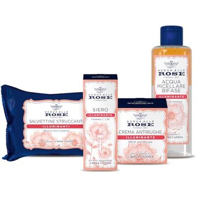 Acqua alle Rose , Verhelderende gezichtsroutineset met vitamine C, voor dikke of matte huid, met bifasisch micellair water, actief concentraat, anti-rimpelcrème en make-up remover doekjes Acqua alle Rose , Verhelderende gezichtsroutineset met vitamine C, voor dikke of matte huid, met bifasisch micellair water, actief concentraat, anti-rimpelcrème en make-up remover doekjes